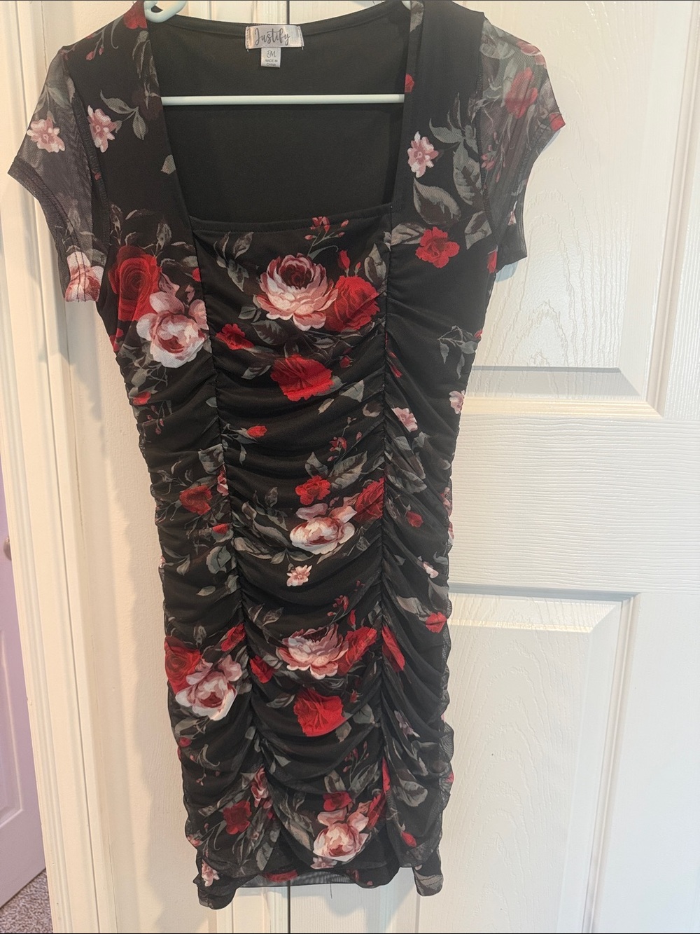 Justify Black Floral Ruched Bodycon Dress with Red and Pink Roses